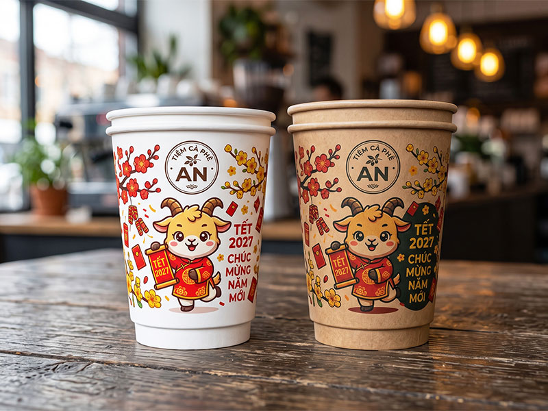 Đặt in ly và sử dụng dịch vụ in ly giấy theo yêu cầu cho ly giấy 2 lớp cách nhiệt dày dặn, bền bỉ và mang lại vẻ đẹp vintage ấm áp cho đồ uống nóng mùa Tết 2027.