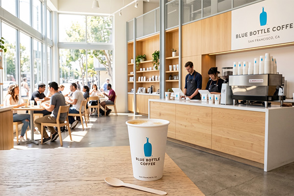 Sự tối giản của Blue Bottle - top các thương hiệu quán cà phê đẹp nhất tại Mỹ ứng dụng xuất sắc dịch vụ in ly giấy theo yêu cầu.
