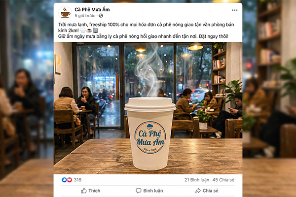 Tối ưu nội dung quảng cáo Facebook Ads cho quán địa phương bằng hình ảnh đồ uống hấp dẫn đựng trong ly giấy chỉn chu.