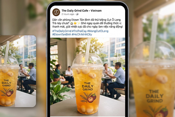 Tối ưu nội dung quảng cáo Facebook Ads cho quán địa phương bằng hình ảnh đồ uống hấp dẫn đựng trong ly nhựa in logo chỉn chu.
