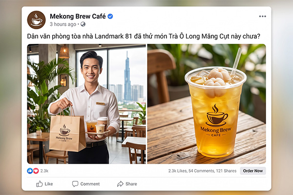 Tối ưu nội dung quảng cáo Facebook Ads cho quán địa phương bằng hình ảnh đồ uống hấp dẫn đựng trong ly nhựa, ly giấy và túi giấy được in logo chỉn chu.
