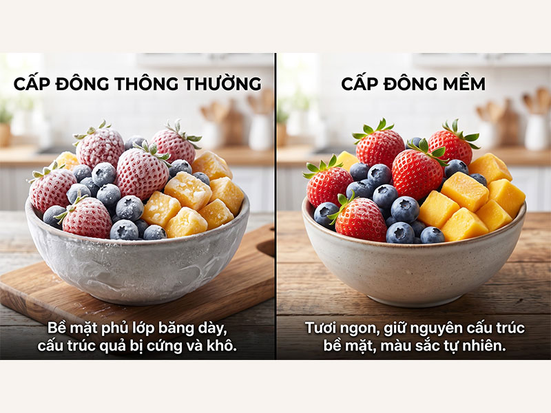 Tủ cấp đông mềm là công nghệ bảo quản thực phẩm giúp quán trà sữa giữ nguyên cấu trúc trái cây tươi.