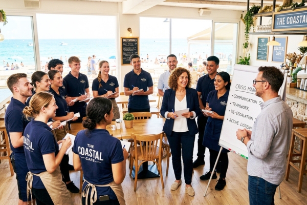 Đào tạo nhân viên nhà hàng về quy trình xin lỗi chuyên nghiệp và kỹ năng phục hồi dịch vụ.