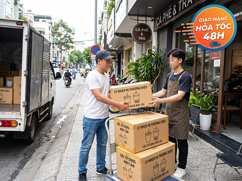 Kho Ly Thái Sơn trực tiếp sản xuất in ly, giao ly nhựa và ly giấy in logo tận nơi cho chủ quán, chỉ trong 48 đến 72 giờ sau khi chủ quán ở Sài Gòn đặt hàng in ly Tết 2027 cấp tốc số lượng ít.