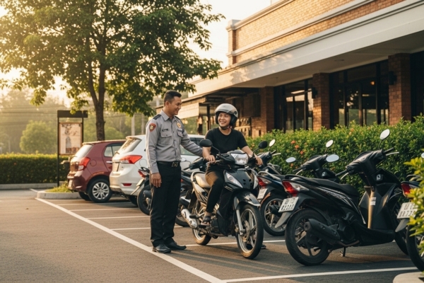 Nhân viên bảo vệ chào đón khách tại bãi xe - điểm chạm đầu tiên quan trọng trong kinh doanh ăn uống.