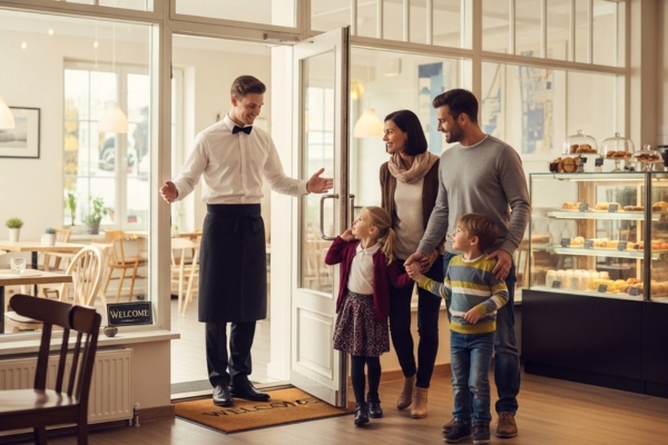 Nhân viên phục vụ chào đón khách tại cửa vào - điểm chạm thứ hai trong kinh doanh ăn uống.