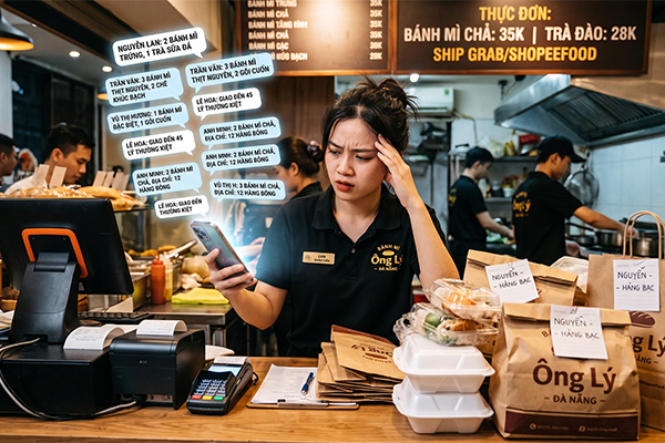 Quá tải tin nhắn dẫn đến rớt đơn. Chủ quán cần chatbot tư vấn tự động và chuẩn hóa quy trình sử dụng hộp giấy, tô giấy đóng gói nhanh.
