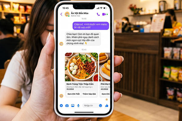 Hiển thị menu đồ uống trong ly nhựa và đồ ăn trong hộp giấy cực kỳ bắt mắt thông qua thẻ cuộn của chatbot tư vấn tự động.