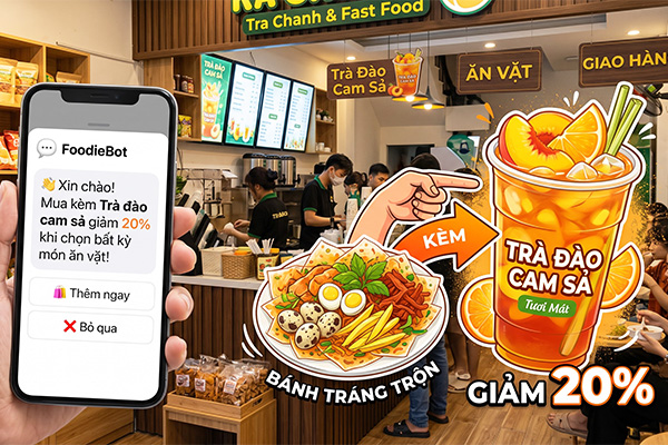 Tăng doanh thu tự nhiên bằng kỹ thuật bán chéo qua chatbot tư vấn tự động, gợi ý khách mua thêm combo món.