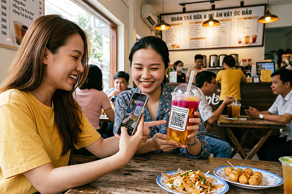 Khép kín vòng lặp mua sắm bằng mã QR tích hợp qua dịch vụ in logo ly nhựa, điều hướng khách quay lại đặt đơn hàng mới qua chatbot tư vấn tự động.