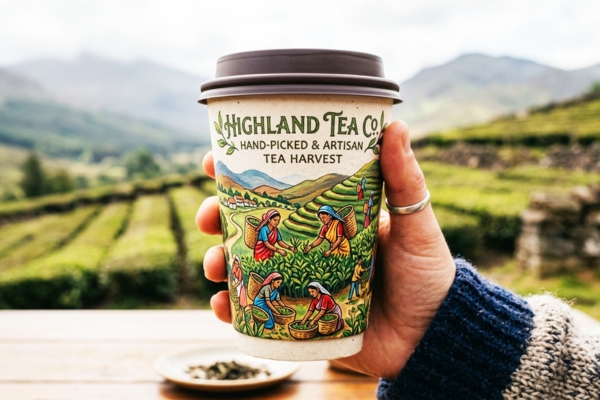 Nghệ thuật sử dụng hình ảnh minh họa kể chuyện nguồn gốc nguyên liệu sạch trên bao bì trà sữa.