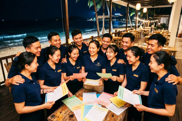 Buổi họp rút kinh nghiệm cuối ngày giữa chủ quán và nhân viên nhằm khắc phục sai sót hệ thống trước ngày khai trương.