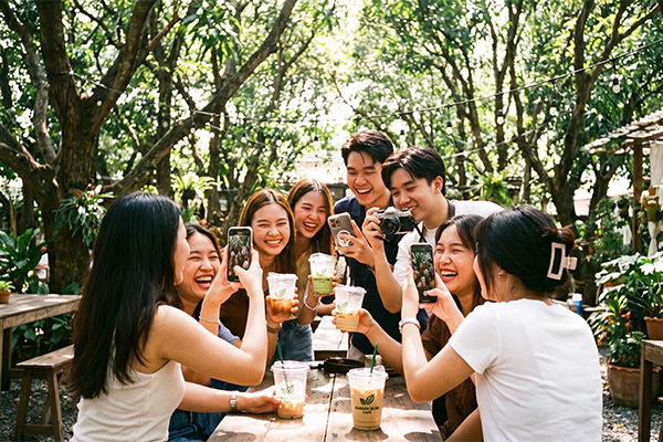 Góc check-in rực rỡ tại quán cafe sân vườn đẹp giúp lan truyền hình ảnh ly nhựa đồ uống một cách tự nhiên.