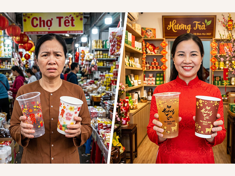 Đứng trước quyết định mua bao bì chợ hay đặt in ly theo yêu cầu, chủ quán ăn uống cần cân nhắc kỹ để tối ưu chi phí bao bì ly nhựa và ly giấy trong dịp Tết 2027.
