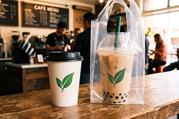 Sự kết hợp giữa ly nhựa dùng một lần in logo và các dòng túi ni lông, bao bì giấy in lụa tiện lợi.