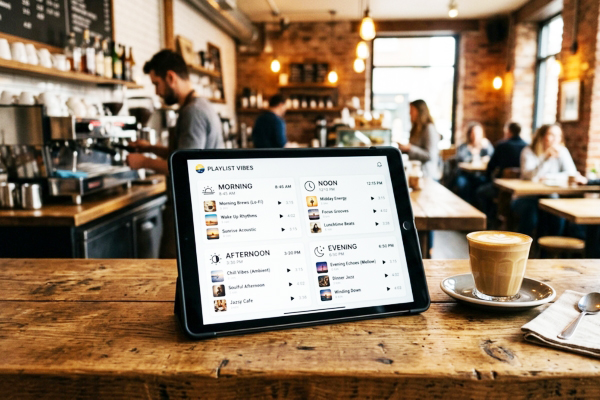 Chiến lược quản lý danh sách nhạc (Playlist) theo từng khung giờ trong ngày để tối ưu hóa trải nghiệm và doanh thu quán ăn.