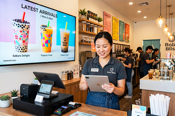 Cập nhật menu Digital Signage với hình ảnh ly nhựa dùng một lần và ly nhựa PP có in logo ly nhựa cực nhanh.