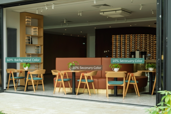 Ứng dụng quy tắc phối màu 60-30-10 trong thiết kế nội thất nhà hàng để tạo sự cân bằng thị giác.
