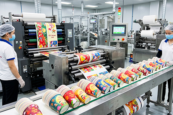 Quy trình sản xuất mẫu ly giấy trung thu chuẩn an toàn thực phẩm kết hợp in logo ly nhựa chuyên nghiệp.