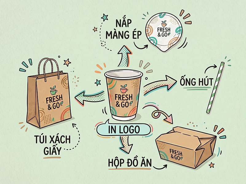 Khám phá khái niệm hệ sinh thái bao bì take-away F&B, giải pháp in ly kết hợp hoàn hảo cùng các vật tư như ly nhựa và ly giấy đựng đồ uống.