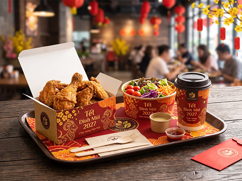 Nâng tầm menu ăn uống trong mùa Tết 2027 bằng cách đồng bộ thiết kế in ly cùng tô giấy và hộp giấy, tạo nên trải nghiệm ăn uống đẳng cấp cho thực khách.