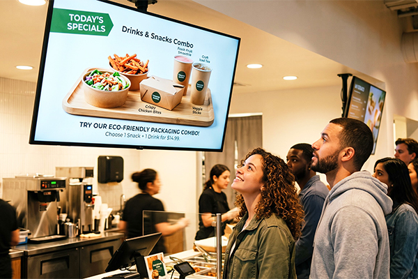 Tăng doanh thu bán chéo qua Digital Signage nhờ hiển thị combo đồ uống và đồ ăn trong tô giấy, hộp giấy hấp dẫn.