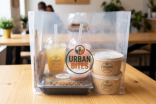 Đồng bộ diện mạo logo F&B nổi tiếng lên hệ sinh thái ly nhựa, tô giấy và túi ni lông mang đi hoàn hảo.