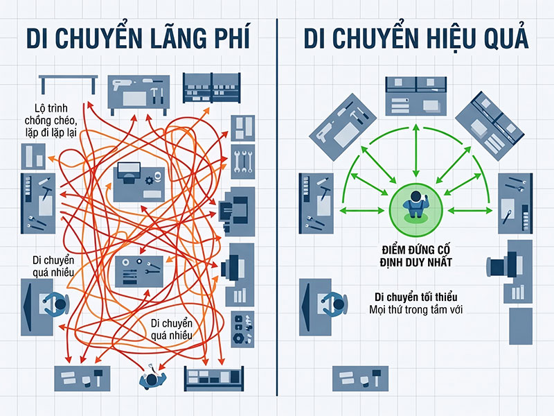 Khắc phục tình trạng lãng phí thời gian do di chuyển thừa bằng quy tắc 1 mét vuông nhằm nâng cao hiệu suất nhân viên tại quầy pha chế.