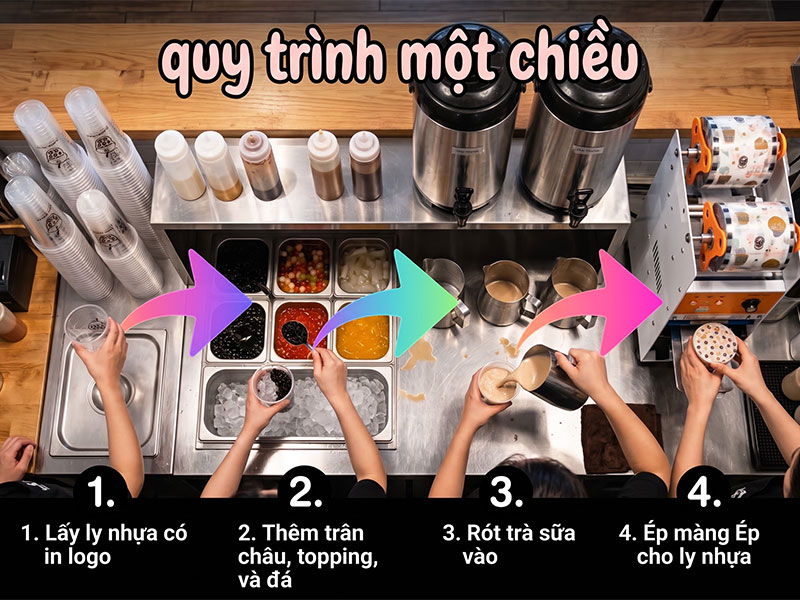 Thiết lập dòng chảy làm việc tuyến tính một chiều theo quy tắc 1 mét vuông giúp rút ngắn thời gian phục vụ và tối ưu sơ đồ bếp.