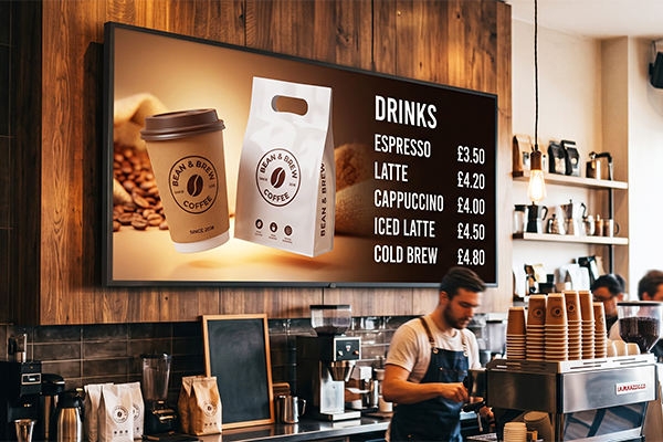 Trình chiếu các mẫu thiết kế khi in ly giấy theo yêu cầu và túi ni lông mang đi trên màn hình Digital Signage.