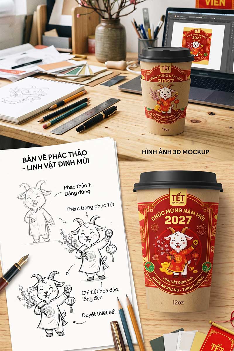 Khai thác hình ảnh linh vật Đinh Mùi (Dê Vàng) dưới góc nhìn nghệ thuật hiện đại để tạo ra mẫu in ly tết 2027 độc quyền.