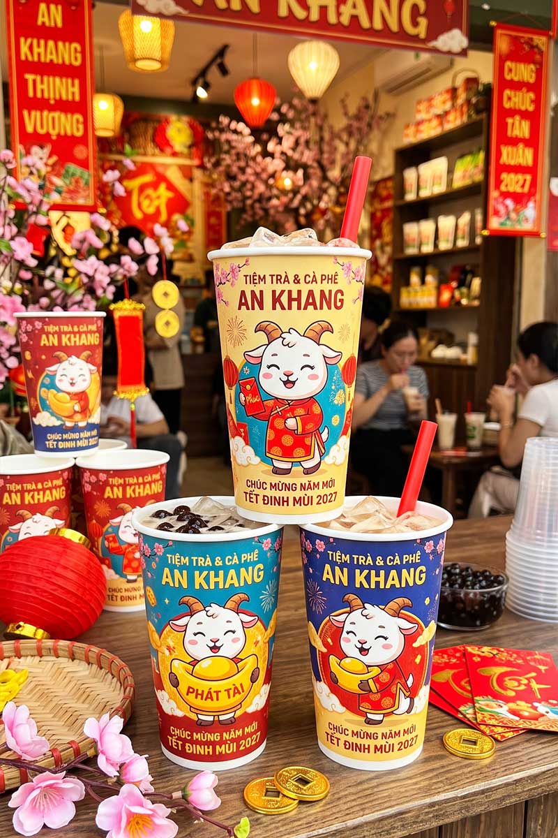Hình tượng chú Dê Chibi ngộ nghĩnh trên các mẫu in ly giúp thu hút khách hàng trẻ tuổi, gia tăng hiệu quả lan truyền trên mạng xã hội dịp tết 2027.
