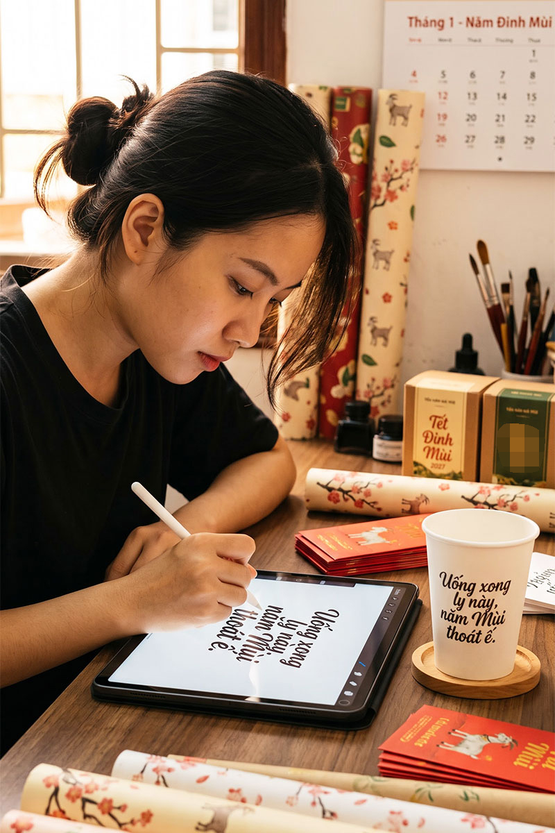 Kết hợp nghệ thuật thư pháp và Slang giới trẻ trong thiết kế in ly tết 2027 để tạo ra những thông điệp viral, kích thích khách hàng chụp ảnh check-in.