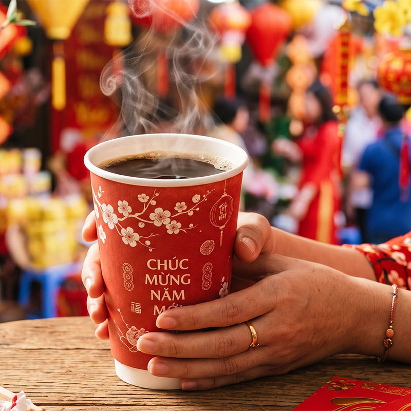 Lựa chọn màu đỏ thuần khi đặt in ly tết 2027 giúp kích hoạt năng lượng Hỏa, mang lại dương khí mạnh mẽ và thúc đẩy doanh thu cho cửa hàng đồ uống.
