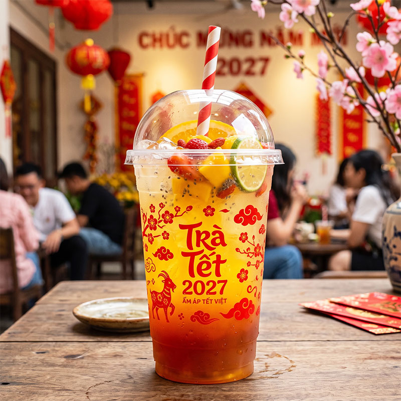 Kỹ thuật in logo ly nhựa màu đỏ sắc nét trên bề mặt ly nhựa trong suốt tạo ra điểm nhấn thị giác cuốn hút, giữ nguyên vẹn màu sắc hấp dẫn của đồ uống.