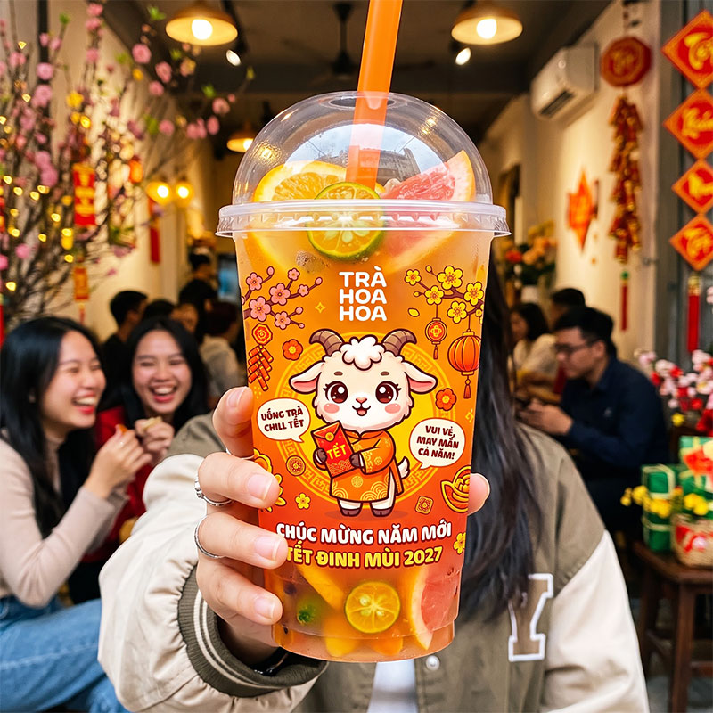 Phá cách với xu hướng in ly màu cam rực rỡ kết hợp linh vật Đinh Mùi giúp quán thu hút tệp khách hàng trẻ tuổi và tạo ra hiệu ứng lan truyền mạng xã hội trong dịp Tết 2027.